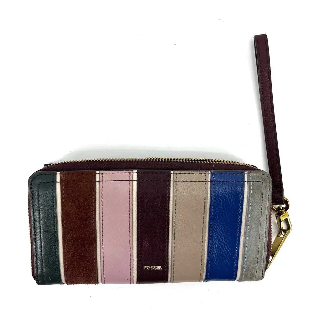 Fossil Logan Purple Multi-Color Striped Zip Around Leather Wallet Wrist Strap‎